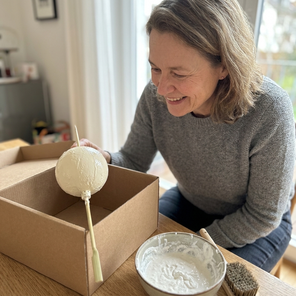 A Christmas ornament coated in creamy white baking soda paint drying upright on a skewer in a cardboard box, with a bowl of textured paint and a stippling brush nearby