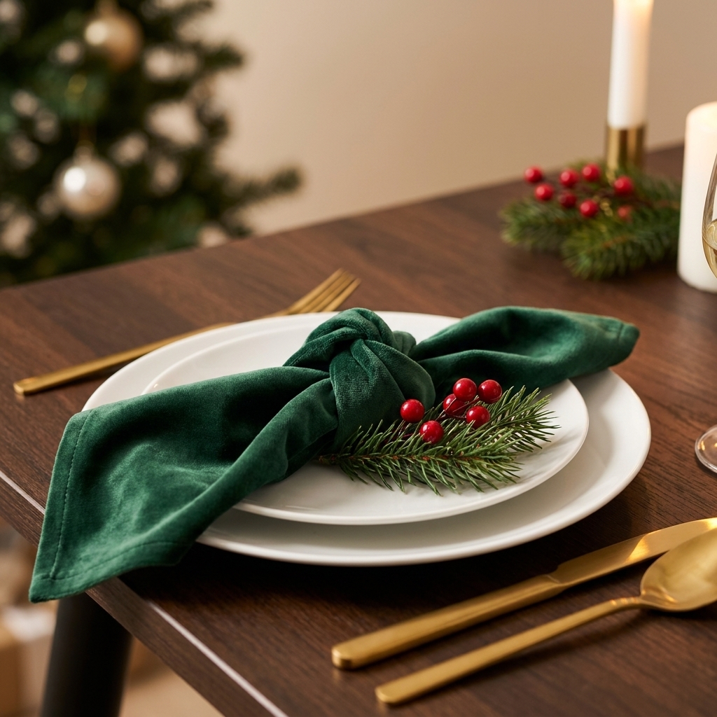 A Christmas place setting with deep green velvet napkin tied in a loose knot on a white dinner plate, styled with gold flatware