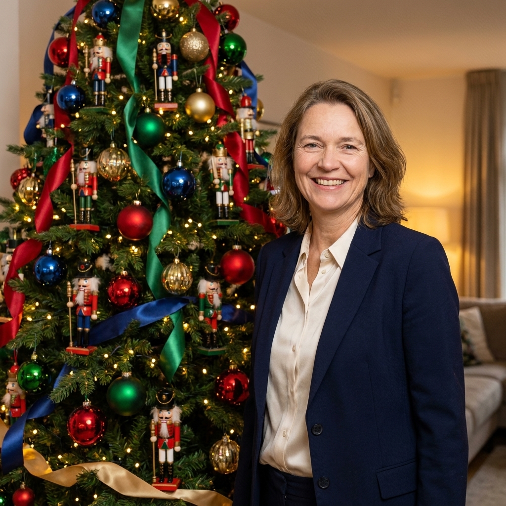 A Christmas tree decorated in a Nutcracker theme with red, green, blue, and gold ornaments, satin ribbon, and small nutcracker ornaments tucked between branches