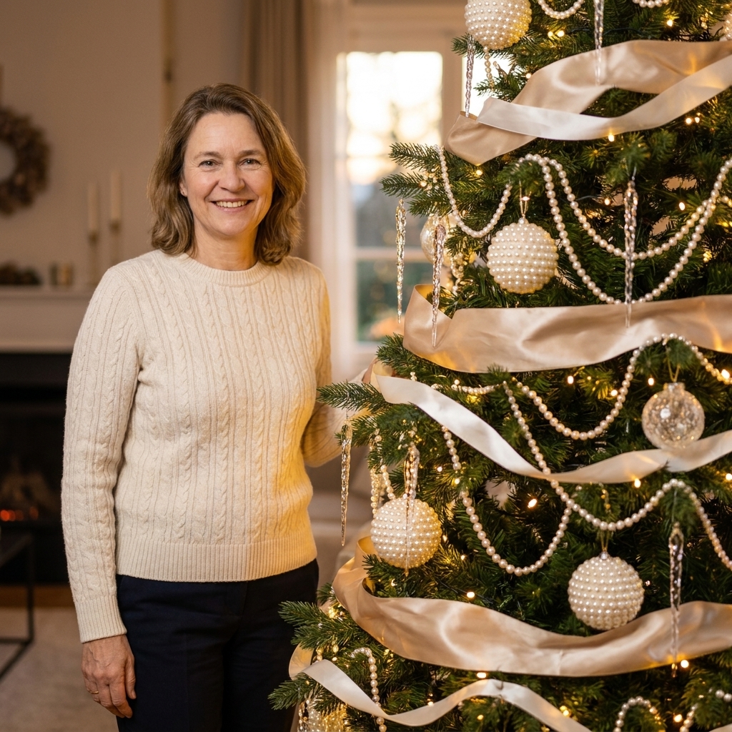 A Christmas tree decorated in a white and champagne theme with pearl ornaments, clear icicle ornaments, and layered champagne ribbon
