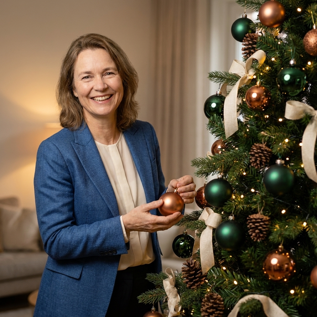 A Christmas tree decorated with deep green and copper ornaments, cream ribbon accents, and pinecone details