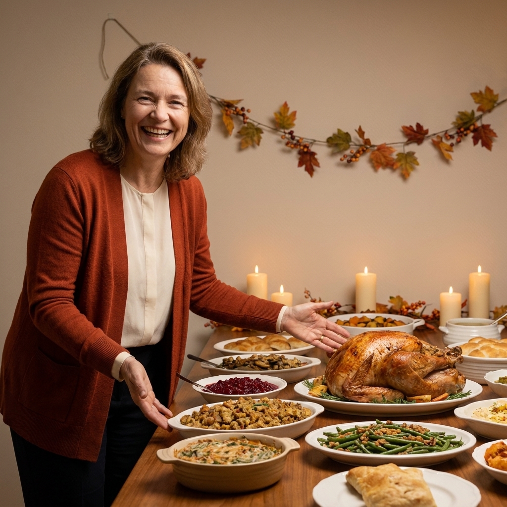 A Thanksgiving buffet set against a wall with a simple fall garland backdrop, candles on the back edge, and serving platters arranged in neat rows