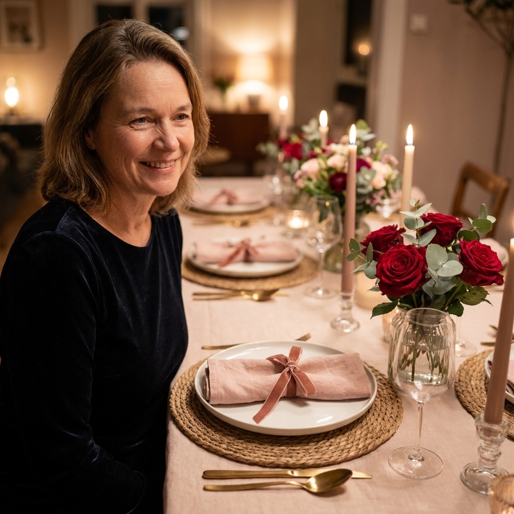 A Valentine’s dinner place setting with a white plate on a woven placemat, a blush linen napkin tied with ribbon, gold flatware, and a small floral arrangement nearby