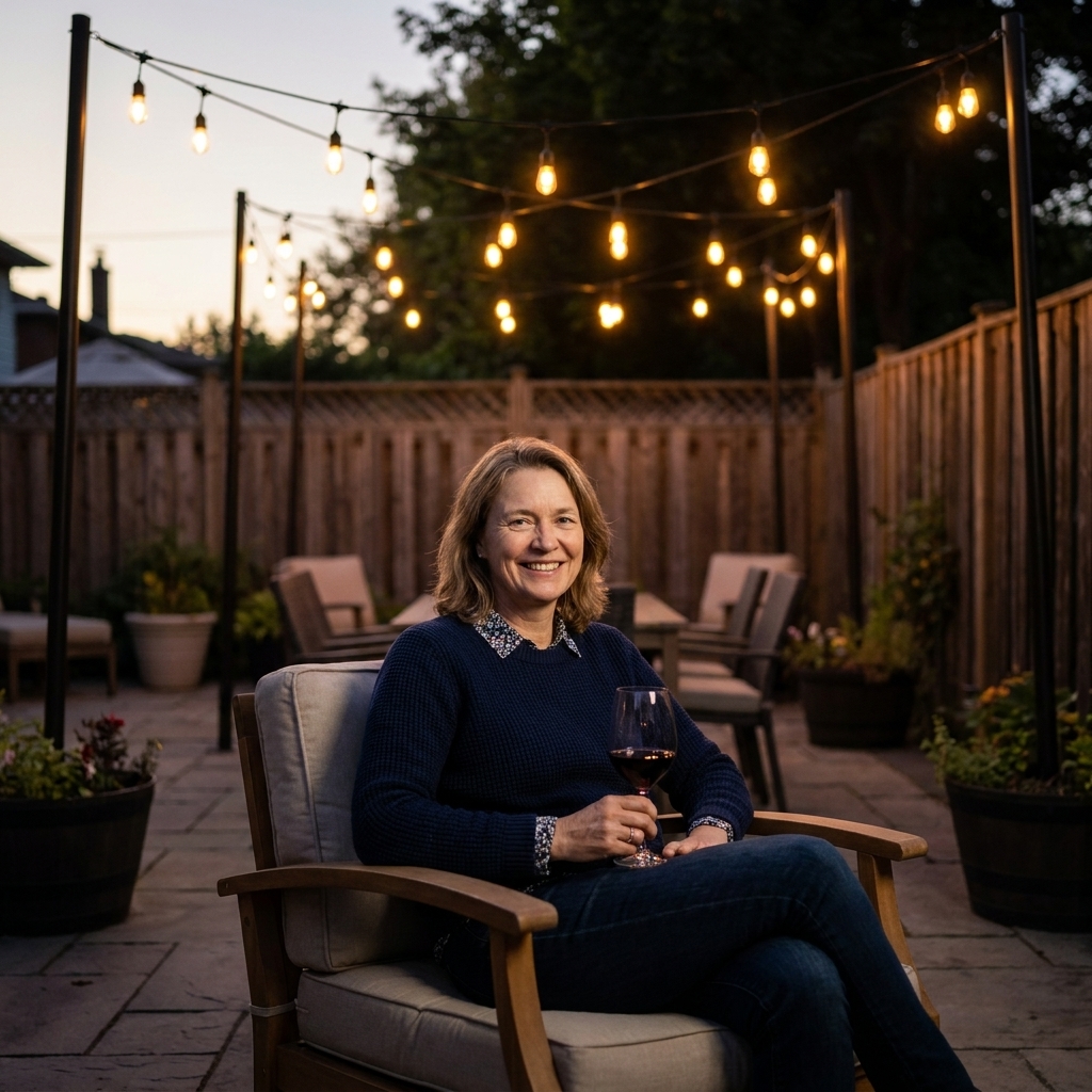 A backyard entertaining area with outdoor string lights suspended between tall metal poles set around a patio seating area, glowing warmly at twilight
