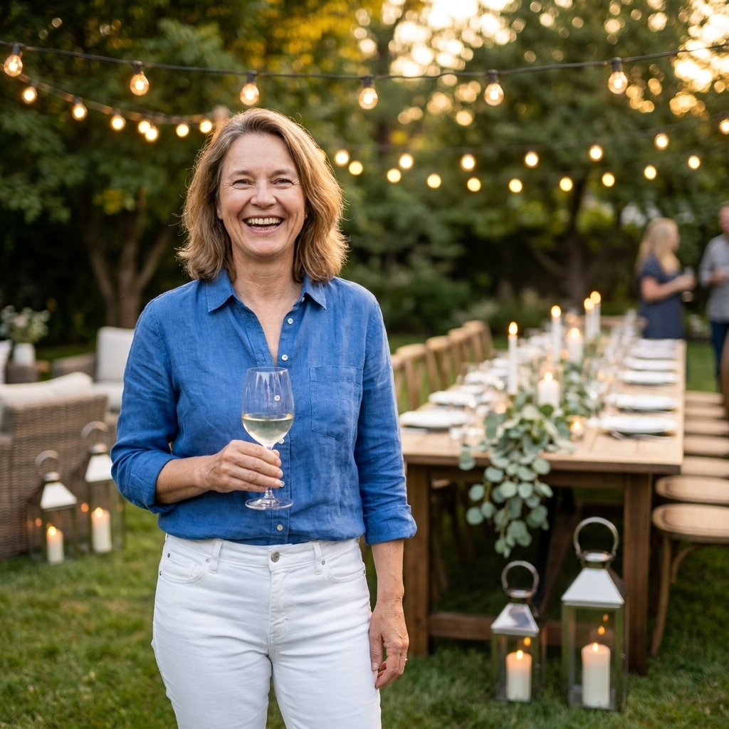 A backyard summer party setup with a long table, a simple greenery runner, glowing bistro lights overhead, and lanterns on the ground near seating