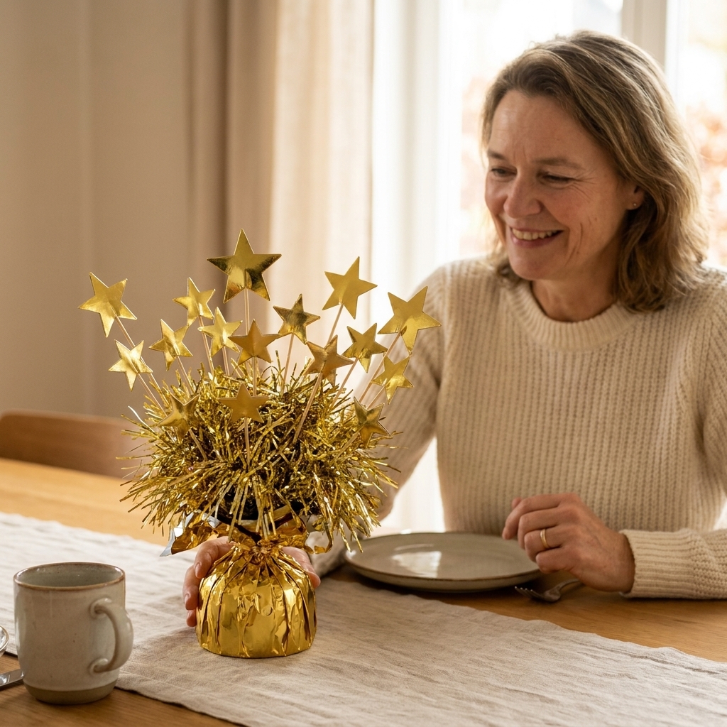 A balloon weight transformed into a centerpiece with gold tinsel and metallic star picks arranged like a bouquet on a dining table