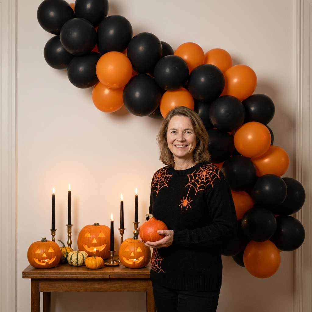 A black and orange balloon garland sweeping down a wall beside a small Halloween party table with candles and pumpkins