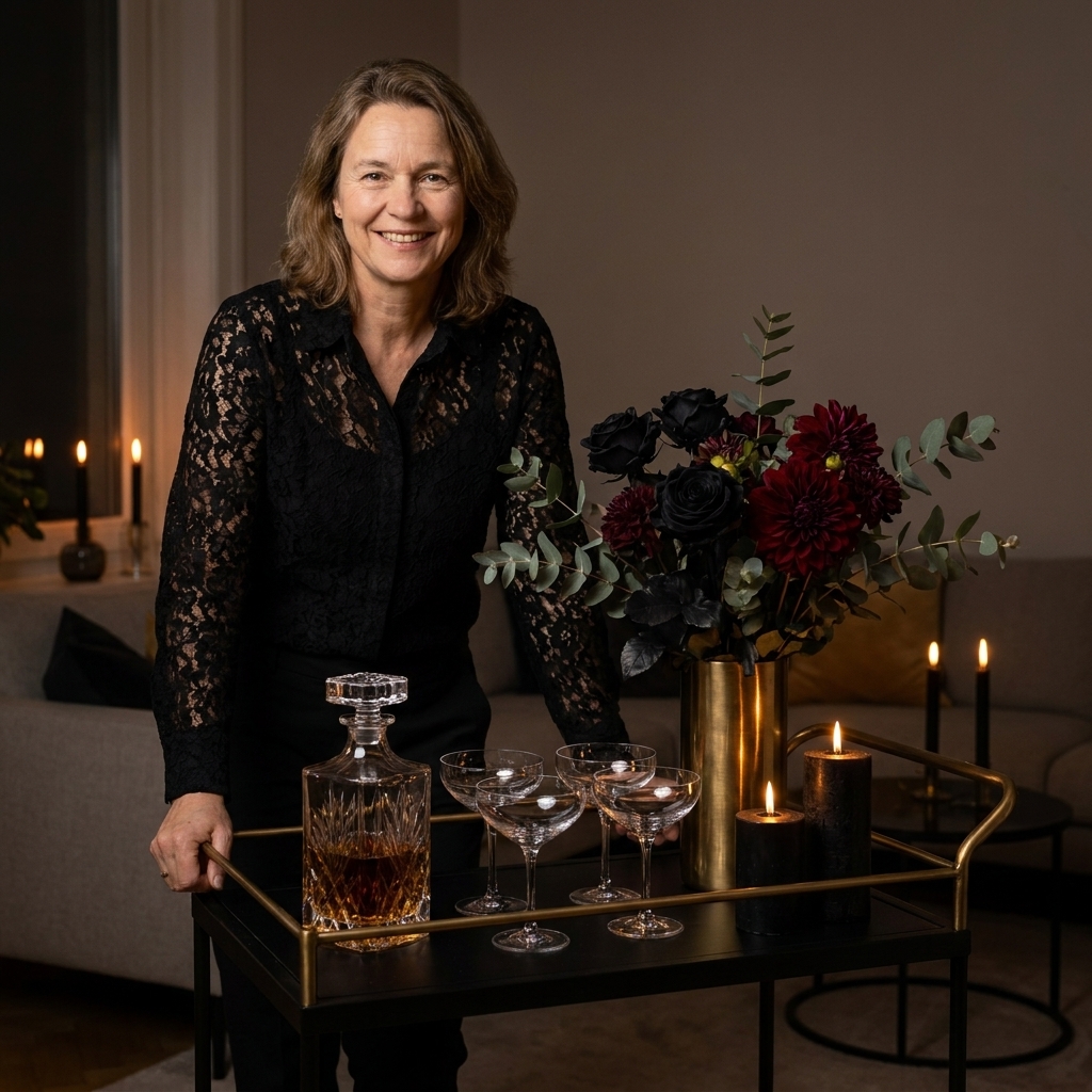 A black bar cart styled for Halloween with brass accents, coupe glasses, a crystal decanter, dark flowers, and candlelight in a dim living room