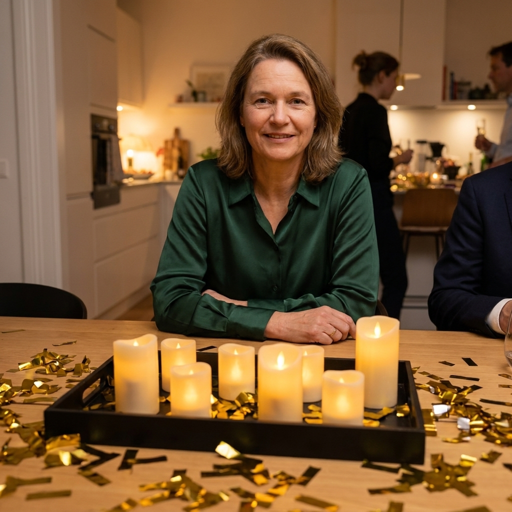 A black serving tray on a dining table with gold confetti scattered around a cluster of glowing LED votive candles