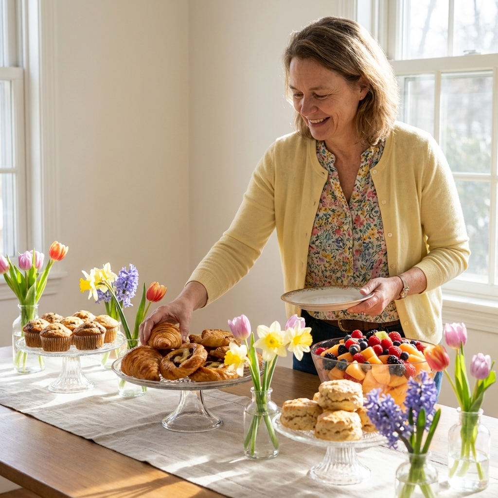 A bright brunch buffet table with pastries on cake stands, a bowl of fresh fruit, and small vases of spring flowers spaced along the runner