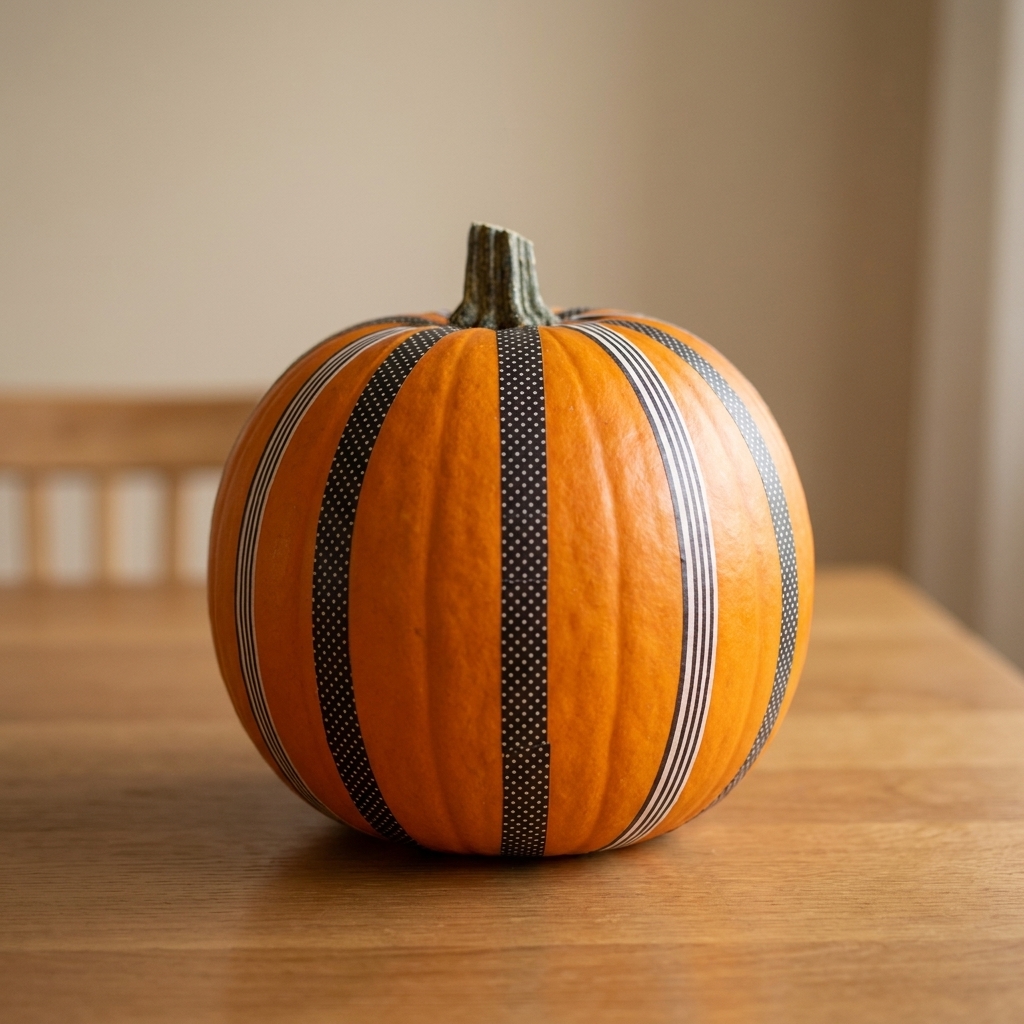 A bright orange pumpkin decorated with neat black and white washi tape stripes on a dining table