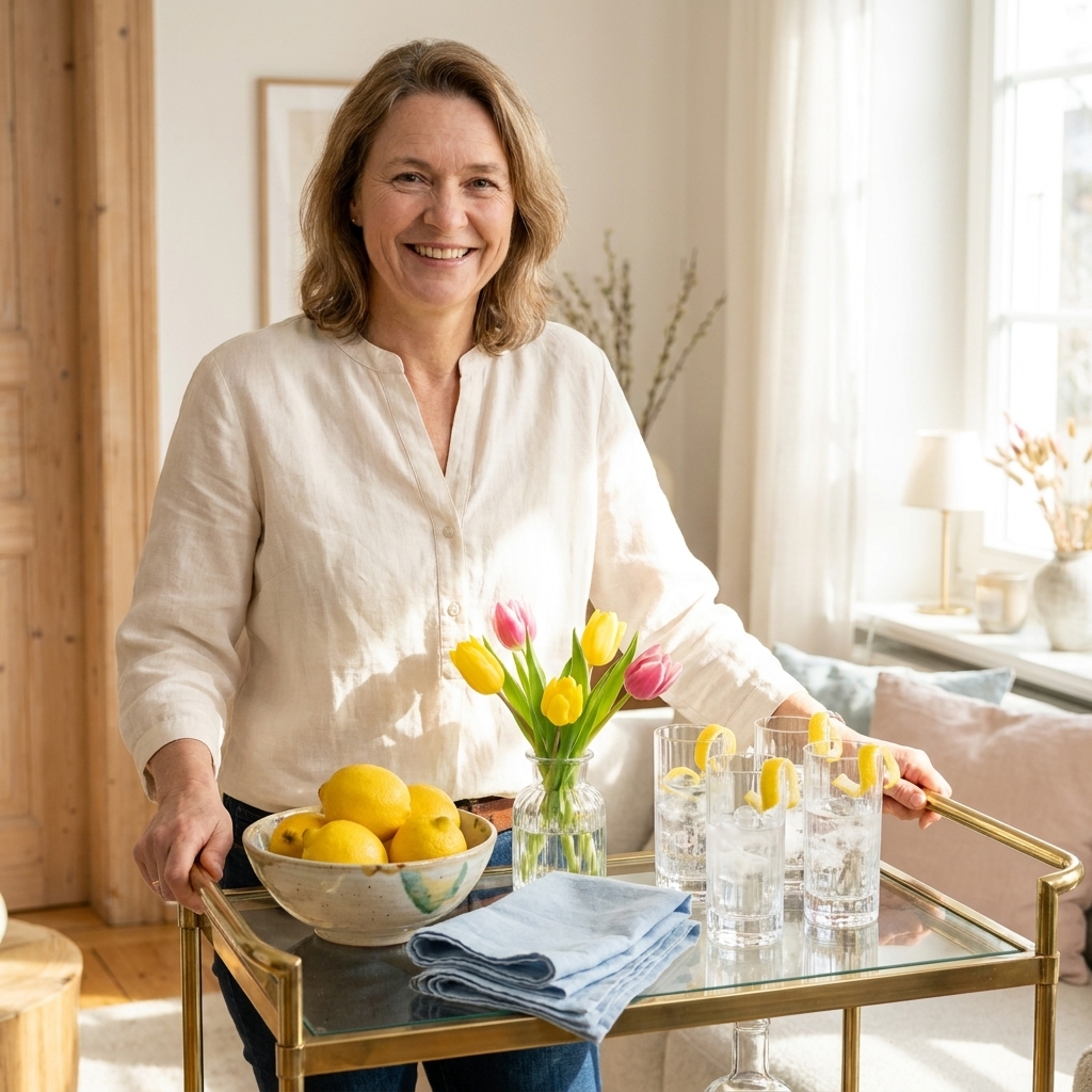 A bright spring bar cart styled with a bowl of lemons, a small vase of tulips, clear highball glasses, and a folded stack of light linen napkins