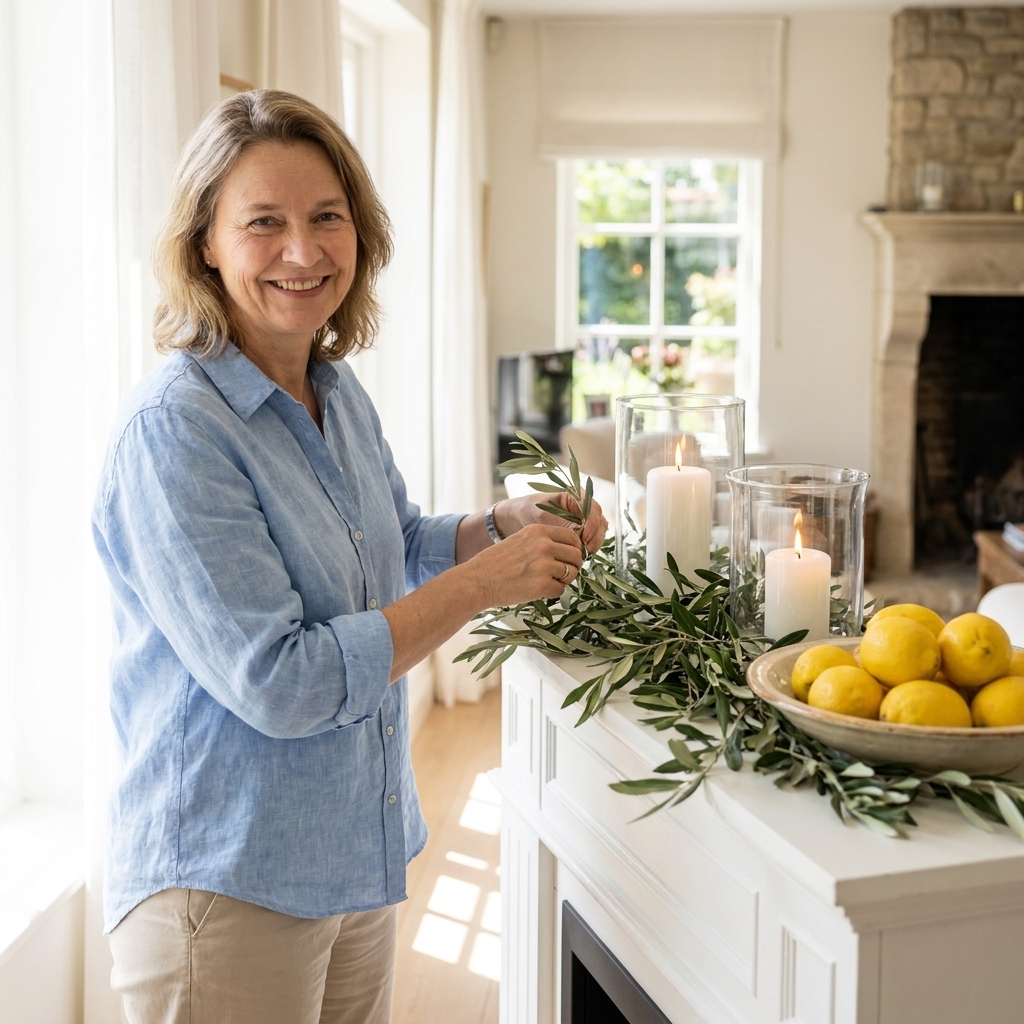 A bright summer mantel styled with an olive garland, two glass hurricanes with white pillar candles, and a shallow bowl of lemons in natural light