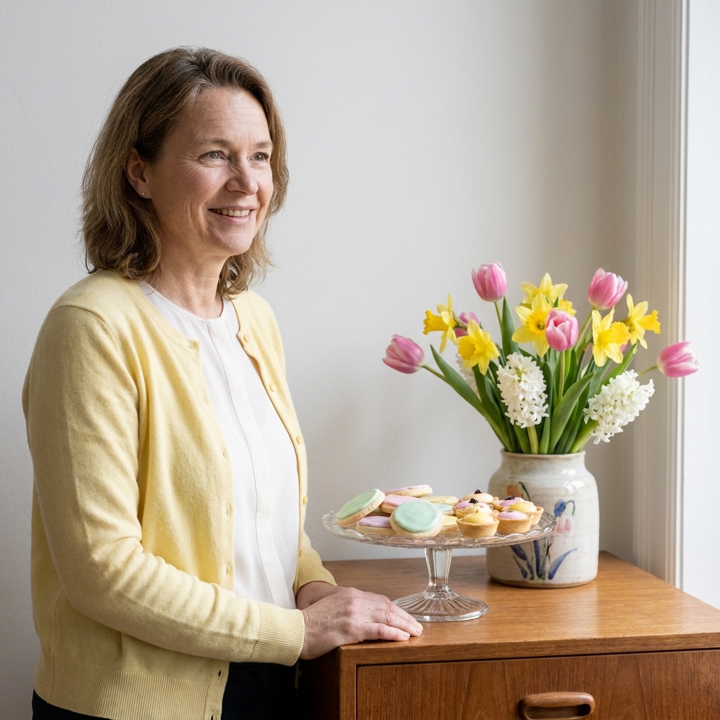 A cake stand on a sideboard holding pastel frosted cookies and small desserts, with a vase of spring flowers nearby