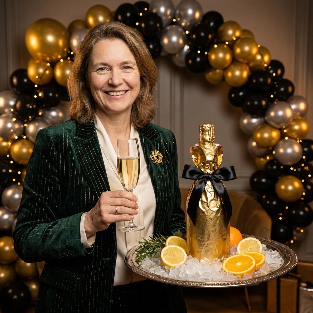 A champagne bottle wrapped in metallic gold paper with a black satin ribbon bow, sitting on a serving tray with ice and citrus slices