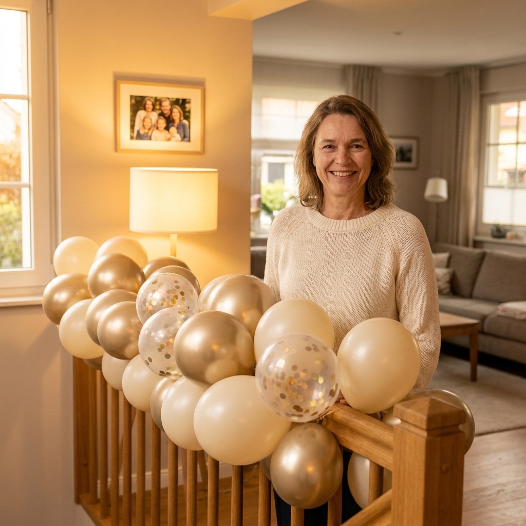 A champagne gold and ivory balloon garland draped along a staircase railing in a cozy home interior with warm lighting