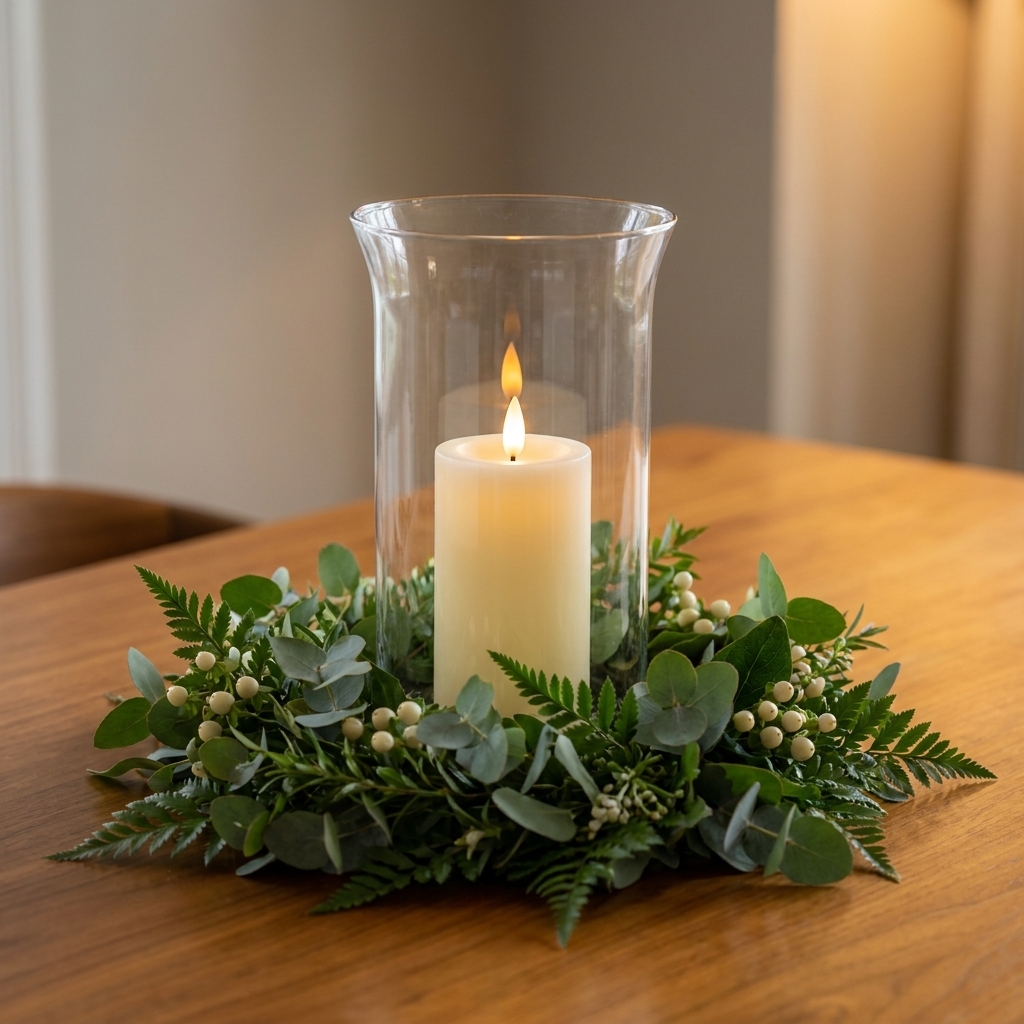 A clear glass hurricane on a dining table with a flameless pillar candle inside and a ring of fresh greenery around the base