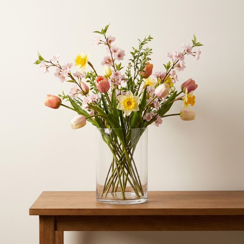 A clear glass vase with faux spring flowers on a console table, with stems arranged loosely and naturally