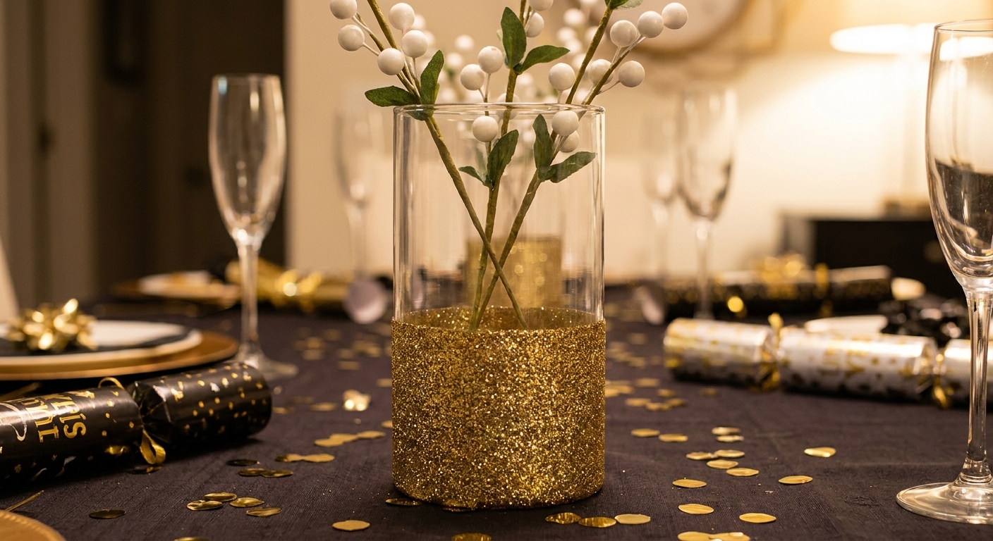 A clear glass vase with the bottom third coated in gold glitter, holding simple white faux stems on a New Year’s Eve table