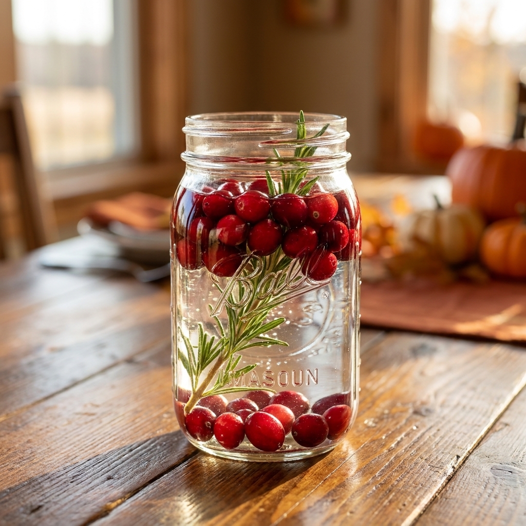 A clear mason jar filled with water, cranberries, and rosemary sprigs as a fresh fall centerpiece on a dining table