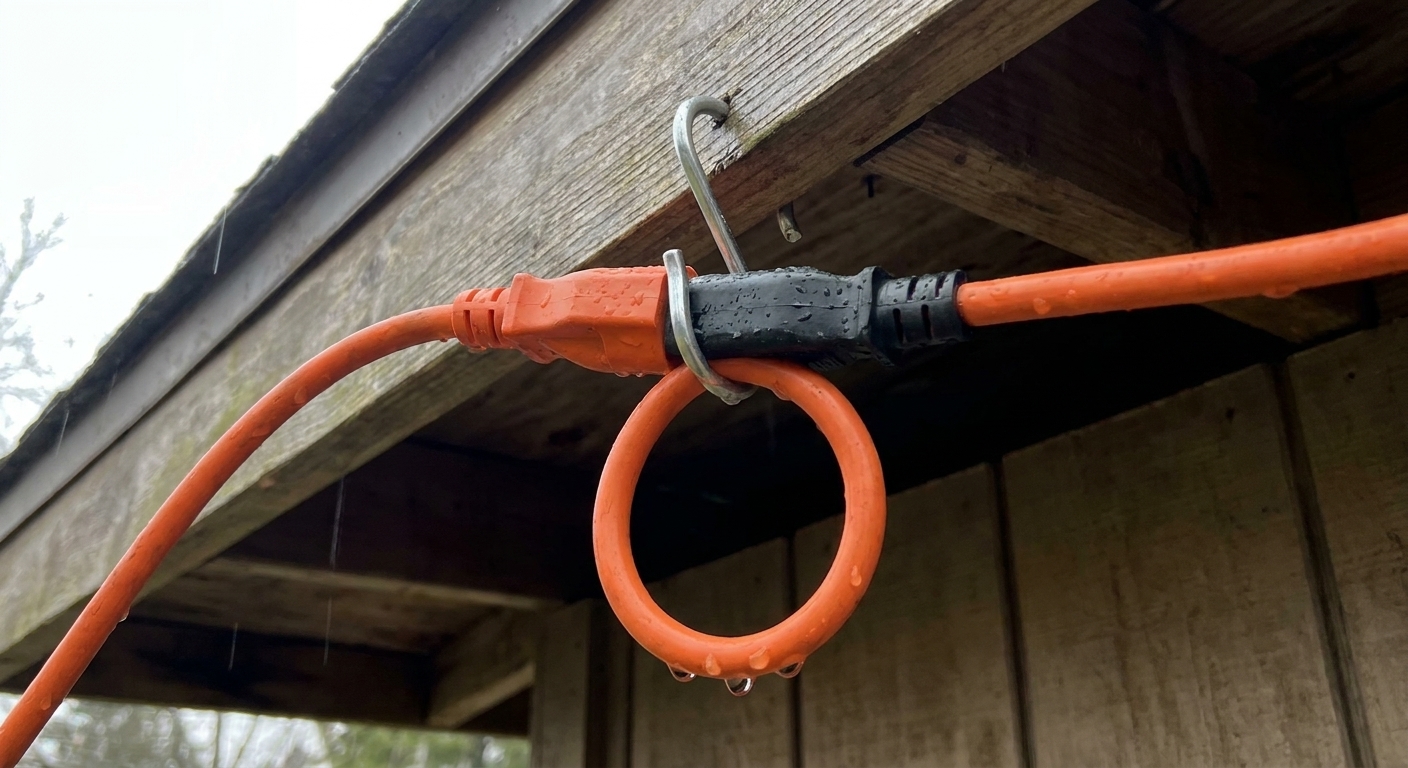 A close-up of an outdoor extension cord connection hanging from a hook with a visible drip loop below the plug to help keep rainwater away