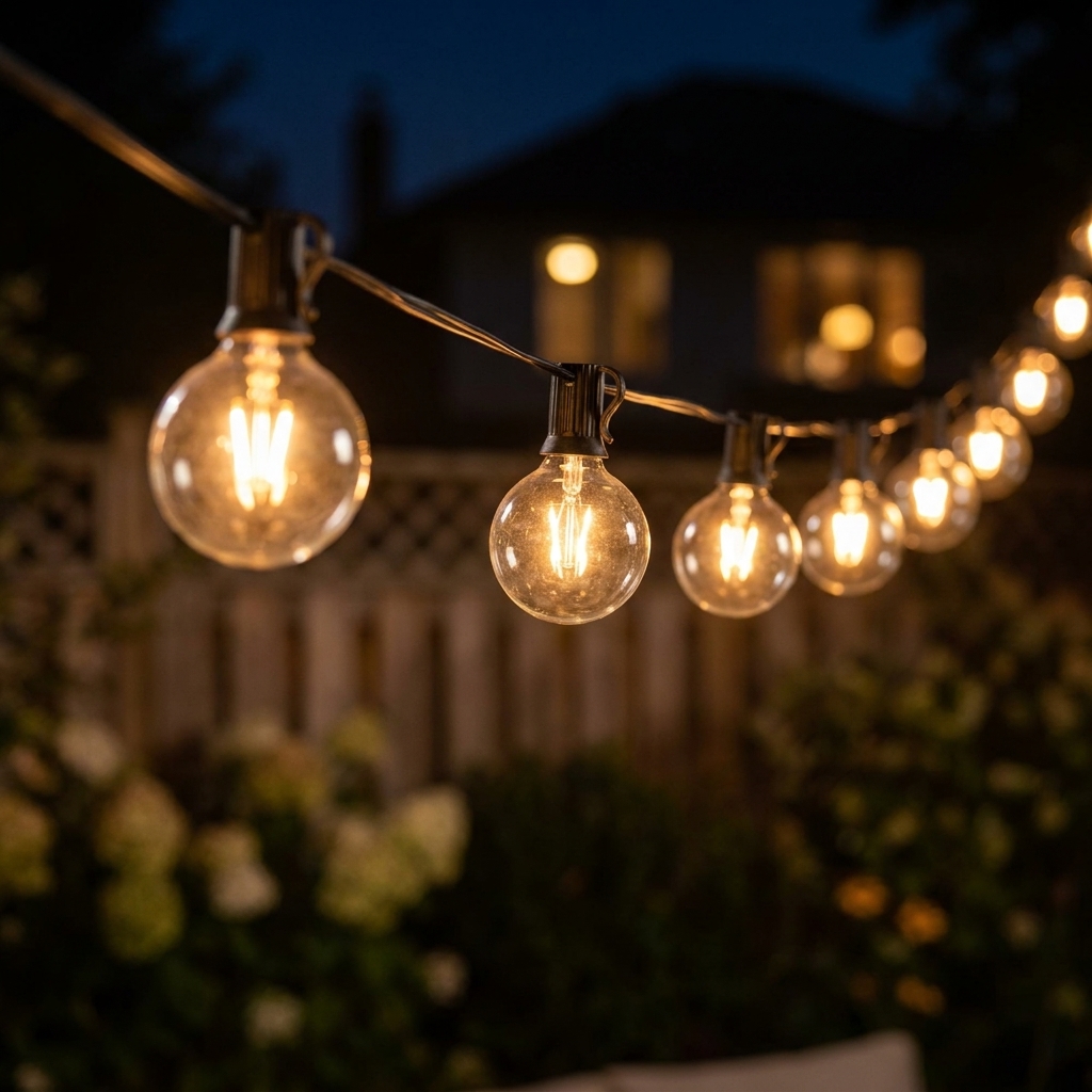 A close view of G40 globe outdoor string lights glowing warmly at night, with a softly blurred backyard in the background