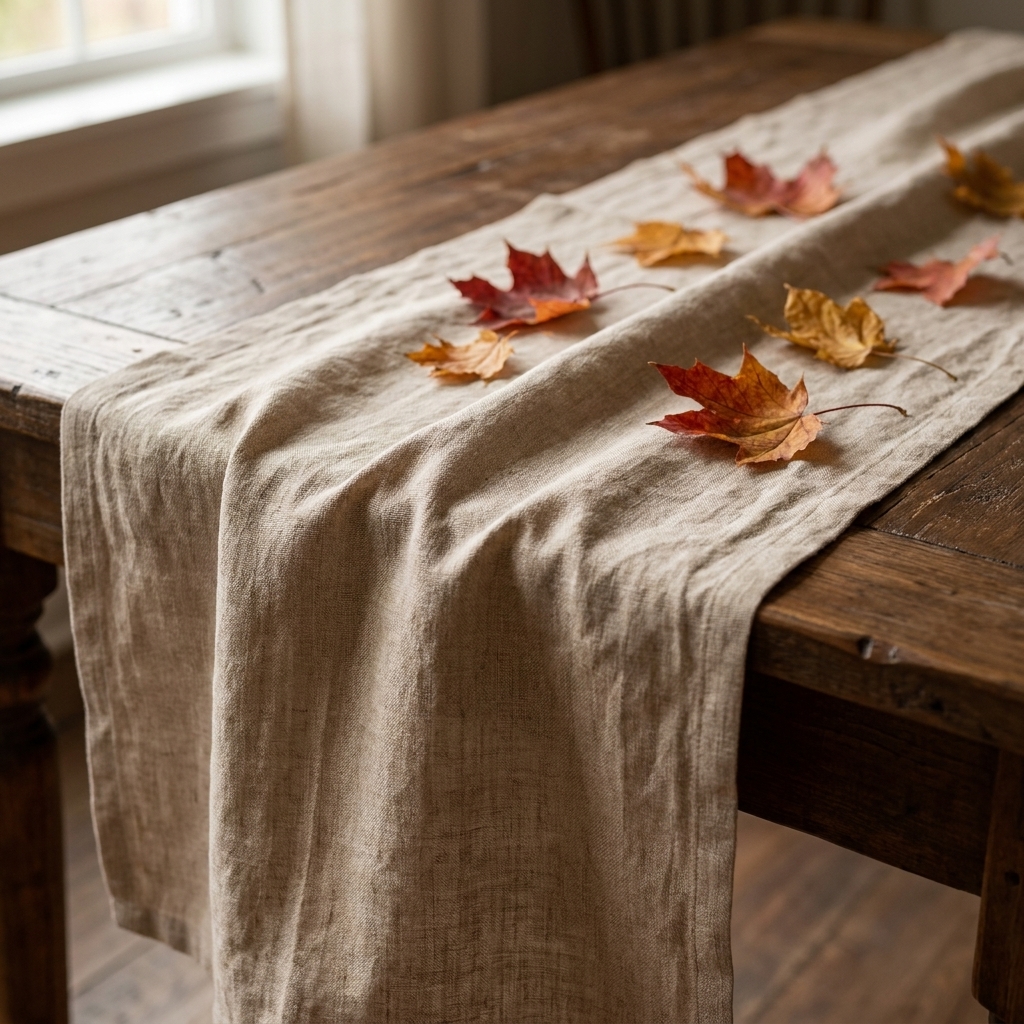 A close view of a warm neutral linen table runner centered on a dining table with soft natural wrinkles and a few scattered autumn leaves