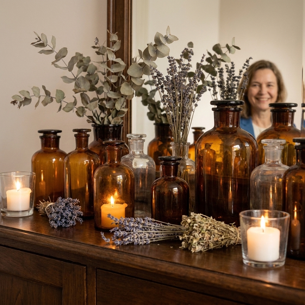 A cluster of amber and clear apothecary bottles on a sideboard with dried botanicals and candlelight reflection