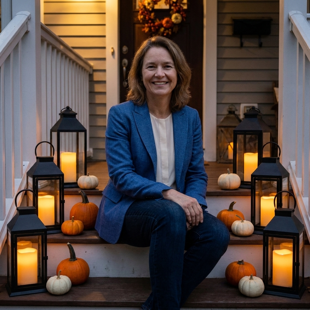 A cluster of black lanterns with warm battery candles inside, arranged on front porch steps beside small pumpkins