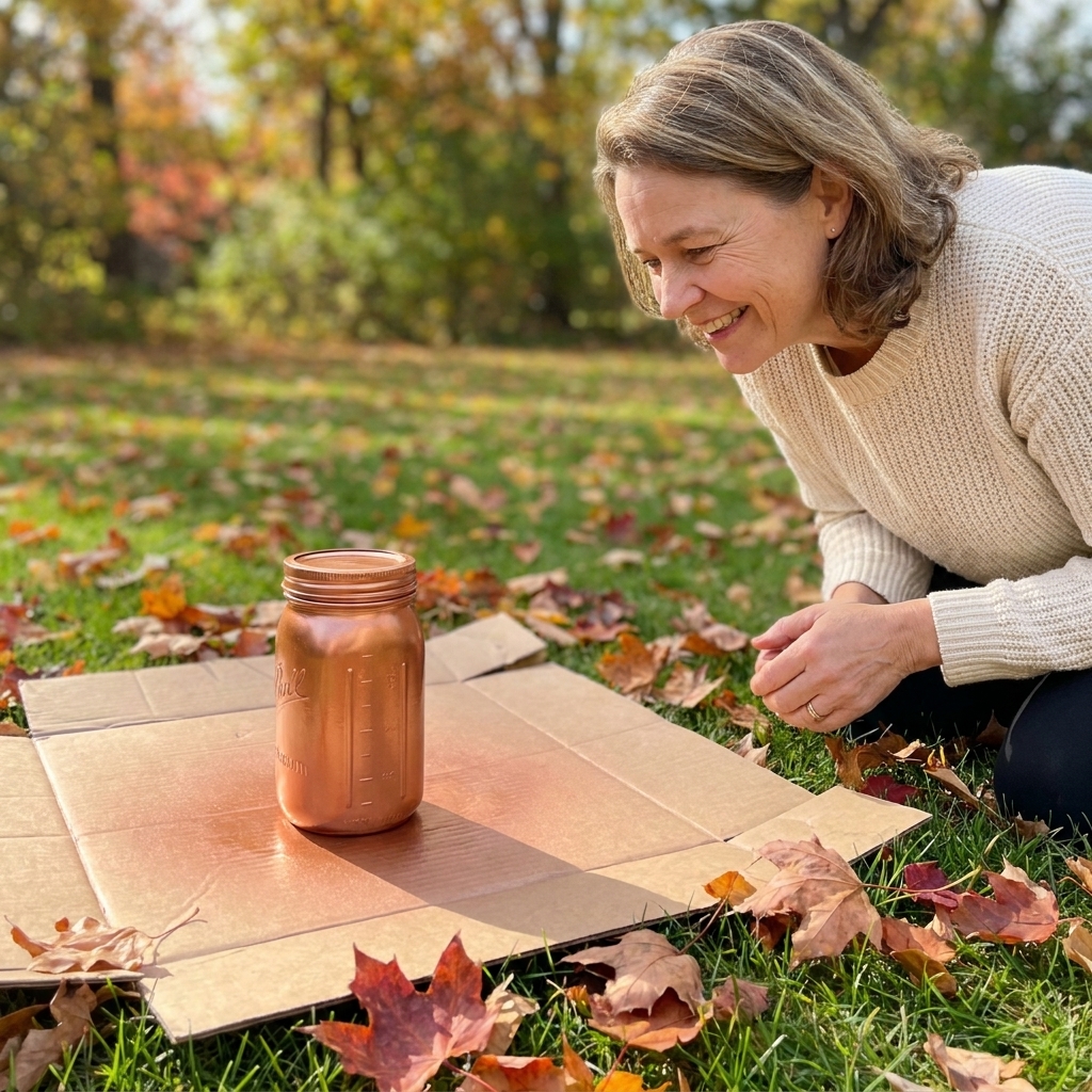 A copper spray painted mason jar drying on cardboard outdoors with autumn leaves scattered nearby