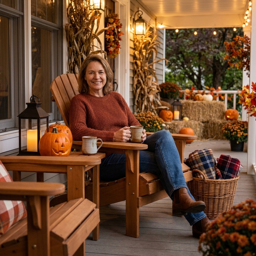 A cozy Halloween porch seating area with two outdoor chairs, a small side table with mugs, a basket of folded blankets, and warm lantern light