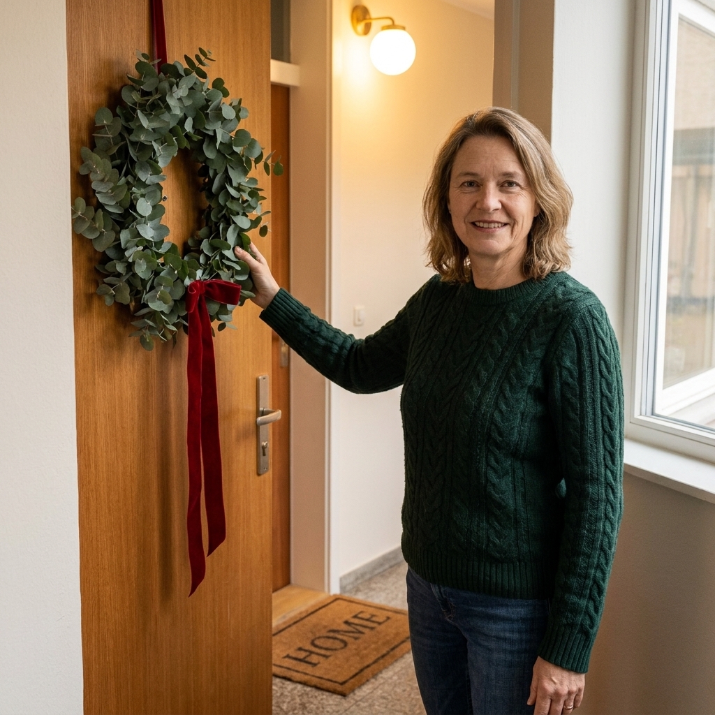 A cozy apartment front door decorated with a green wreath and a long ribbon, with a simple doormat nearby