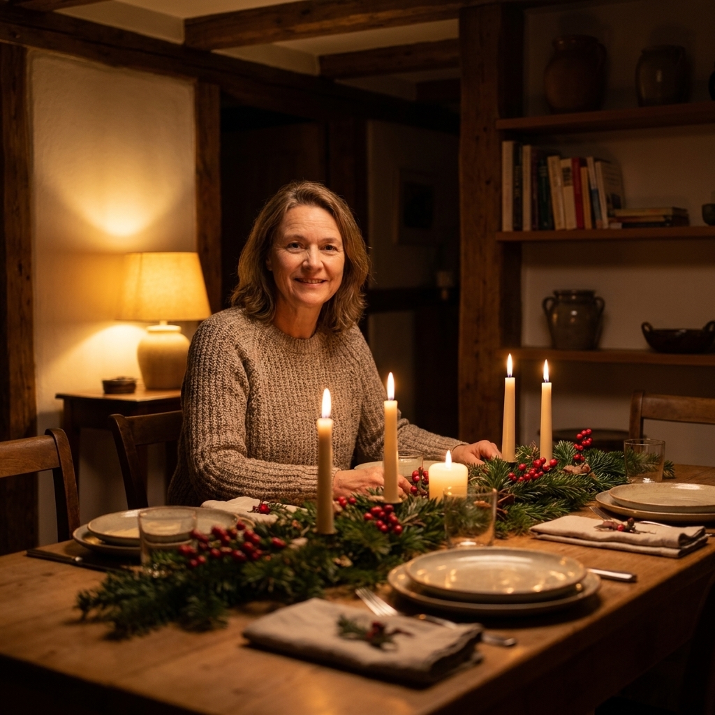 A cozy dining room with a warm table lamp glowing in the corner, a set dining table lit by candles, and soft shadows creating an intimate evening atmosphere
