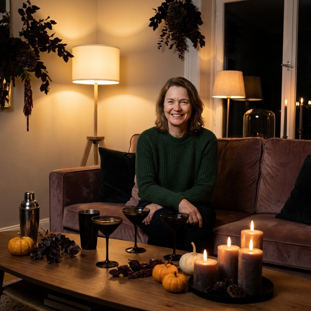 A cozy living room at night with warm lamps, clustered candles, dark botanical accents, and a styled coffee table set for Halloween cocktails
