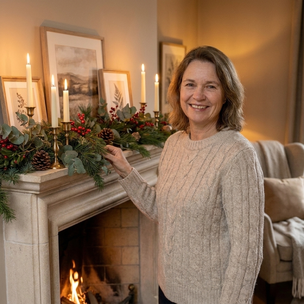 A cozy living room fireplace mantel styled with seasonal garland, tapered candles, and framed art in warm neutral tones