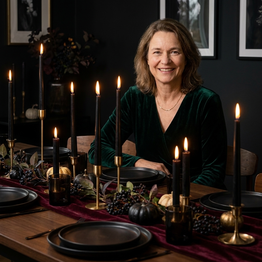 A dark dining table styled with a burgundy velvet runner, matte black plates, and small gold candleholders arranged down the center