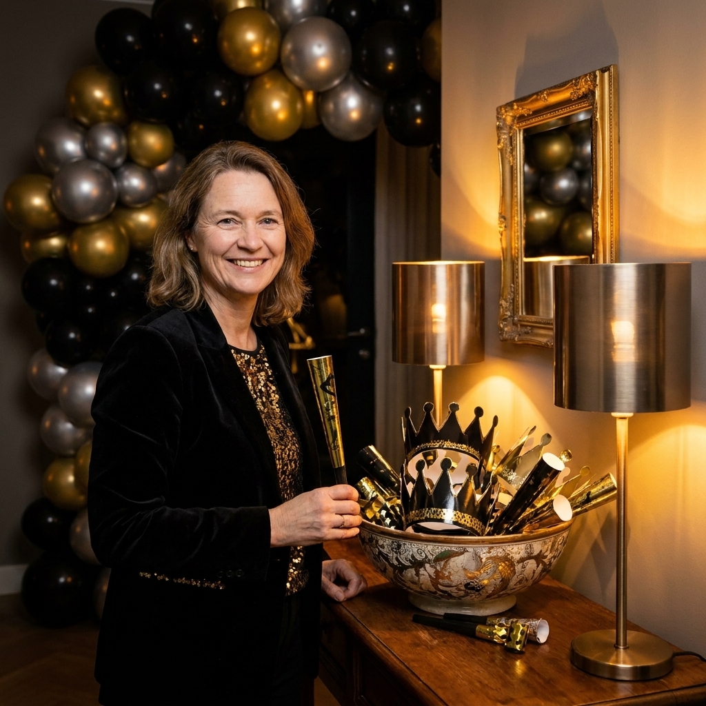 A decorative bowl filled with black and gold New Year’s Eve party crowns and noisemakers on an entry table next to a small mirror and warm lamp light