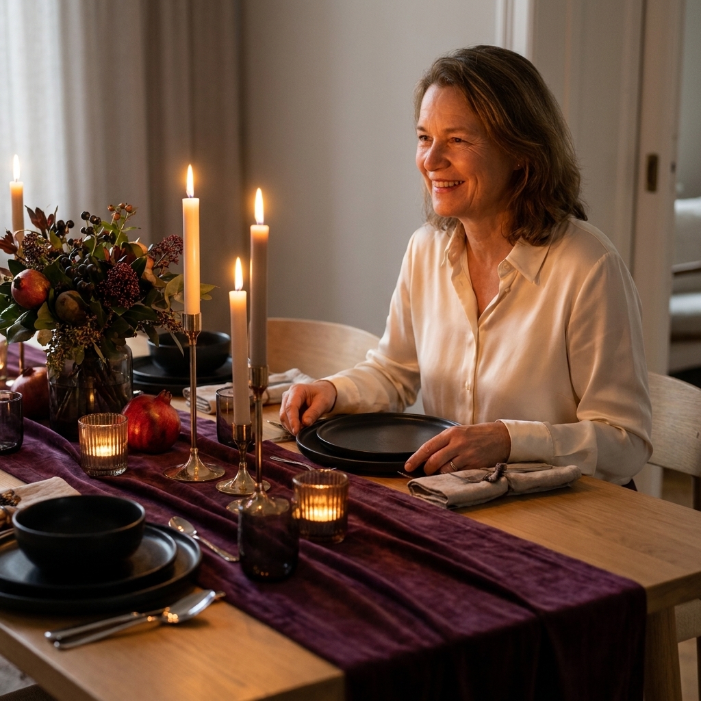 A deep plum velvet table runner on a wooden dining table with black plates and candlelight casting warm shadows