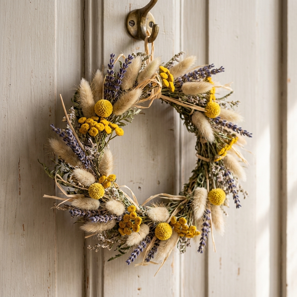 A delicate dried flower wreath with bunny tail grass, lavender, and small yellow blossoms hanging on a pale wood door