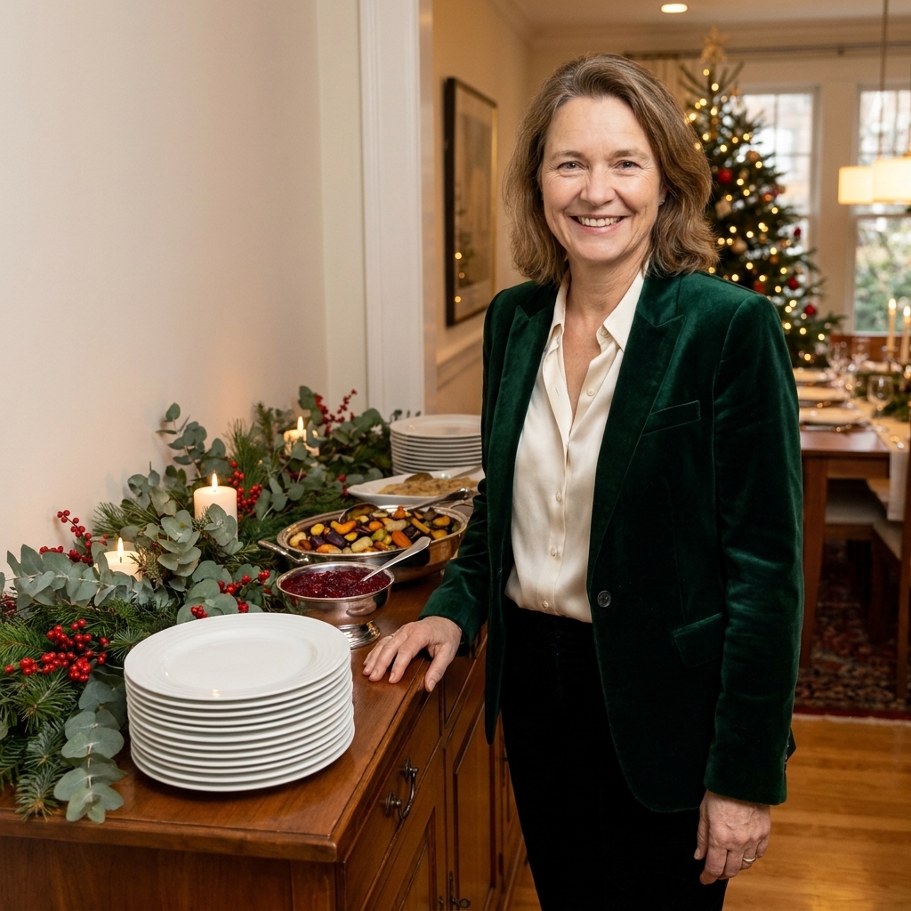 A dining room sideboard set up as a holiday buffet with stacked plates, serving dishes, and a simple greenery runner