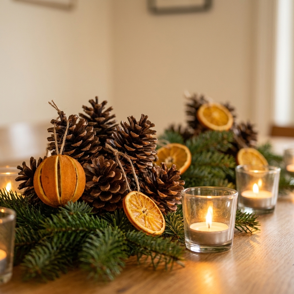 A dining table centerpiece detail featuring pinecones, dried orange slices, evergreen branches, and small glowing votive candles