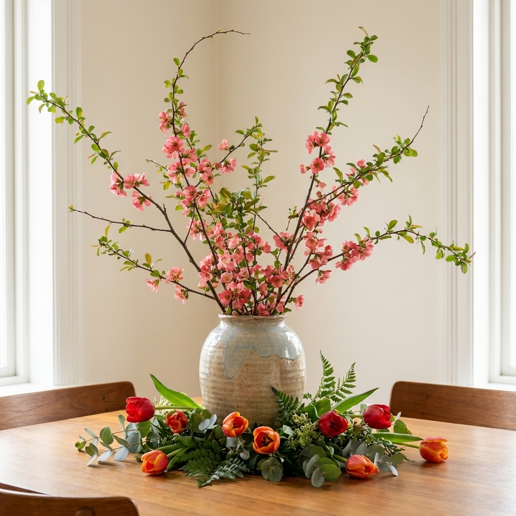 A dining table centerpiece featuring flowering branches rising from a ceramic vase with a few tulips and greenery arranged low around the base