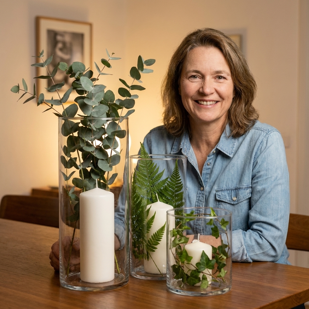 A dining table centerpiece made from three clear glass cylinder vases in different heights, each filled with simple greenery and white candles