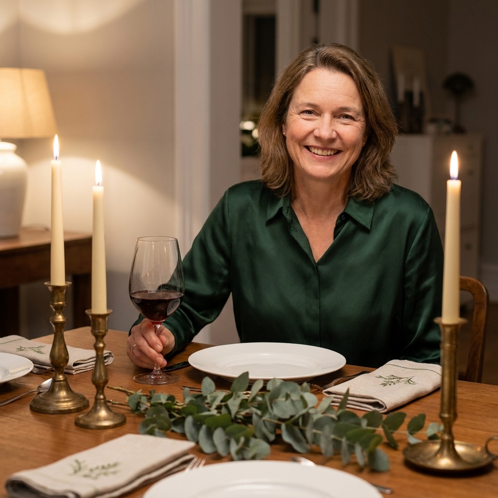 A dining table set with brass candlesticks and taper candles, white plates, and subtle green accents in a softly lit dining room