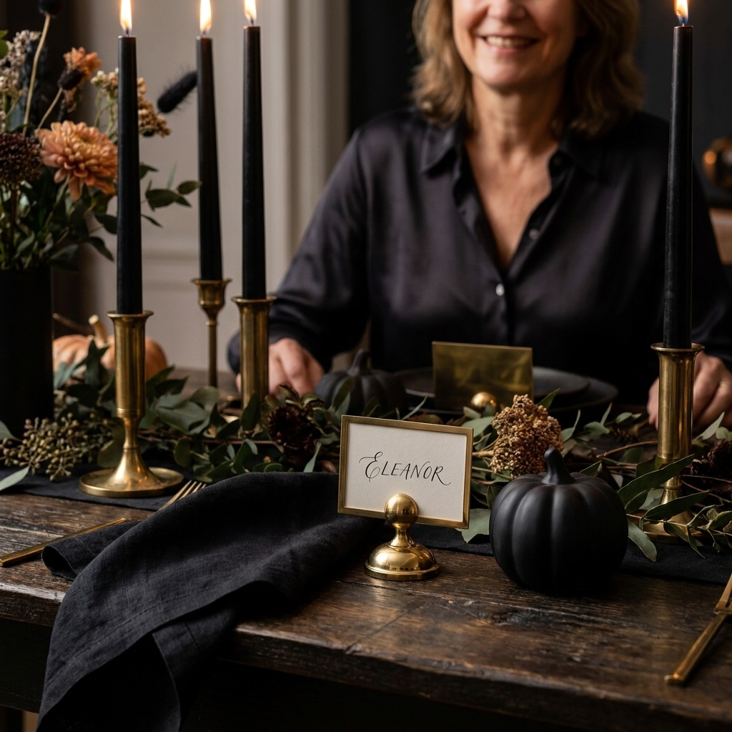 A dinner table detail showing brass place card holders beside a black napkin and a small matte pumpkin used as an elegant Halloween accent