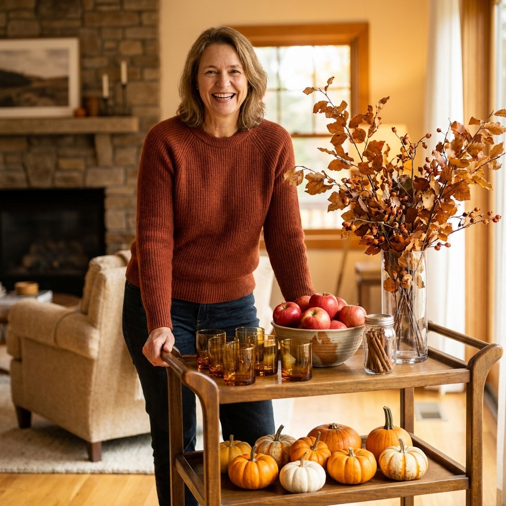 A fall themed bar cart with mini pumpkins on the lower shelf, amber rocks glasses, a bowl of apples, cinnamon sticks, and a vase with autumn branches