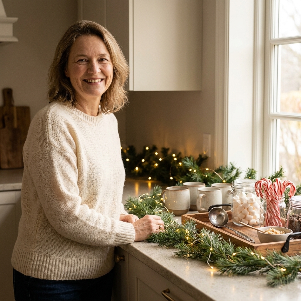 A festive kitchen counter decorated with a simple pine garland and warm string lights beside a neatly arranged hot cocoa bar