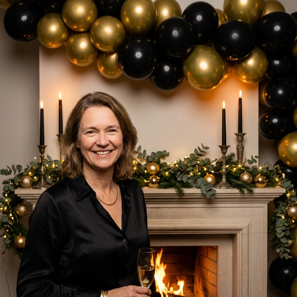 A fireplace mantel decorated for New Year’s Eve with a simple greenery garland, warm fairy lights, gold ornaments, and black taper candles in metallic holders