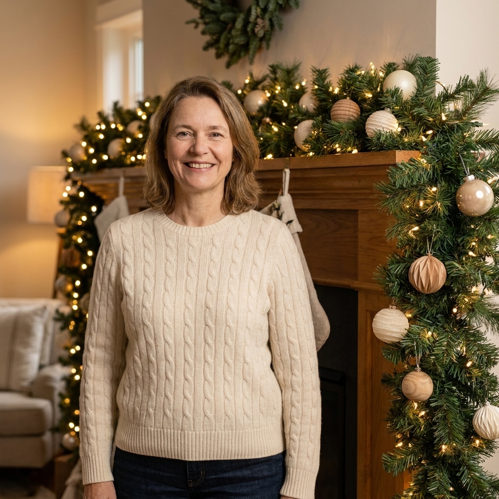 A fireplace mantel styled with a full artificial greenery garland, warm white string lights tucked inside, and neutral ornaments placed along the top
