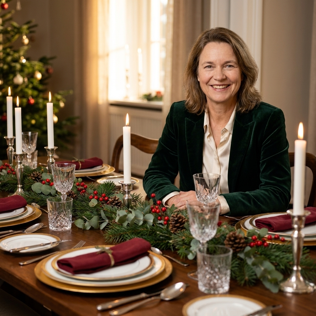 A formal holiday dining table set with layered plates, cloth napkins, taper candles, and a low centerpiece down the middle